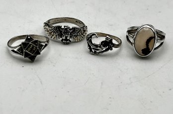 Sterling Rings Lot Of 4- Moss Agate, Eagle, Others