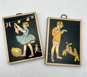 2 Vintage Small Wood Plaque Art