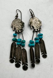 Vintage Navajo Indian Head Buffalo Turquoise Earrings- Signed