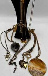 Lot Gold Tone Necklaces - Locket, Cross, Natural Stone, Chains