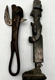 Antique Bummy Beef Bull Can Opener & Prohibition Era Old Snifter Bottle Cork Opener