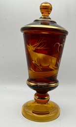 Bohemian Art Glass Pokal With Lid Amber Ruby Glass