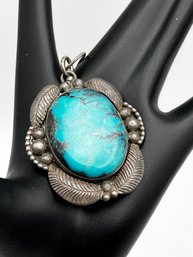 Vintage Navajo Large Turquoise Pendant & Sterling Chain