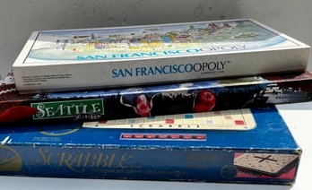 Game Lot Scrabble Deluxe, Seattle In A Box, SanFrancicsoopoly