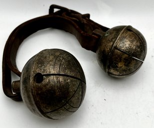 Two Extra Large Sleigh Bells On Leather Strap