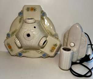 Parceled Basket Weave 3 Bulb Porcelain Ceiling Light & Art Deco Wall Sconce