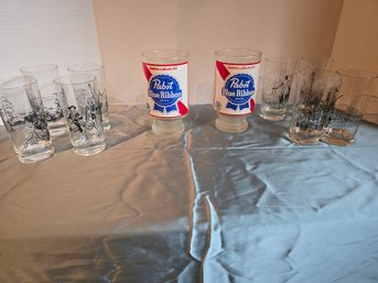 2 Vintage Pabst Blue Ribbon Glasses And 8 Paul Revere Glasses