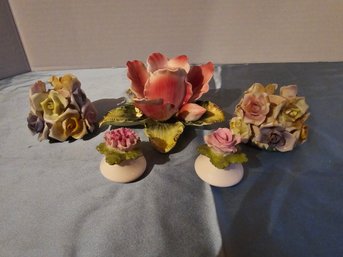Mixed Lot 3 Flowered Candle Holders And 2 Florwered Anisley  Salt And Peppers Shakers