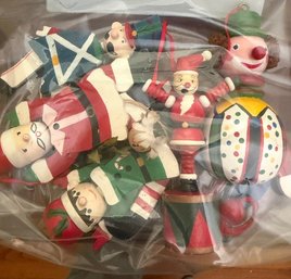 Lot Of Wooden Christmas Ornaments  Santa, Toy Soldiers & Clown Assortment