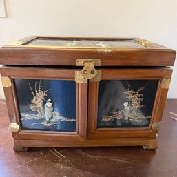 Large Vintage Chinese Chinoiserie Wood & Lacquer Jewelry Chest  Jade-Style Figural Inlays, Brass Hardware & R