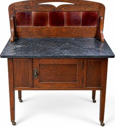 Antique Wood Washstand With Tile Inlay, Stone Top Storage Cabinet Bar