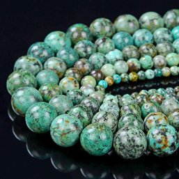 Natural African Turquoise Gemstone 8 Mm Round Smooth Plain Beads - 5 Strands