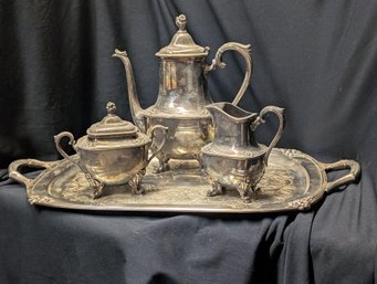 Daffodil Tea Set  Silverplate With Tray, Tea Pot ,  Sugar And Creamer