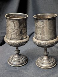 Pair Of Silver Plated Goblets By Meridian With Dog Pattern