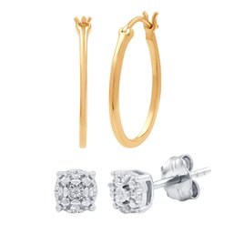 Set Of 2 Lab-Grown Diamond Earrings Set In Sterling Silver & 14Kt Gold-Plated Silver - Prestige Collection