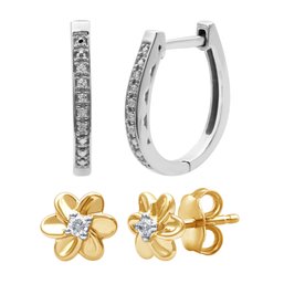 Set Of 2 Lab-Grown Diamond Earrings In .925 Sterling Silver & 14Kt Gold-Plated Silver - Prestige Collection