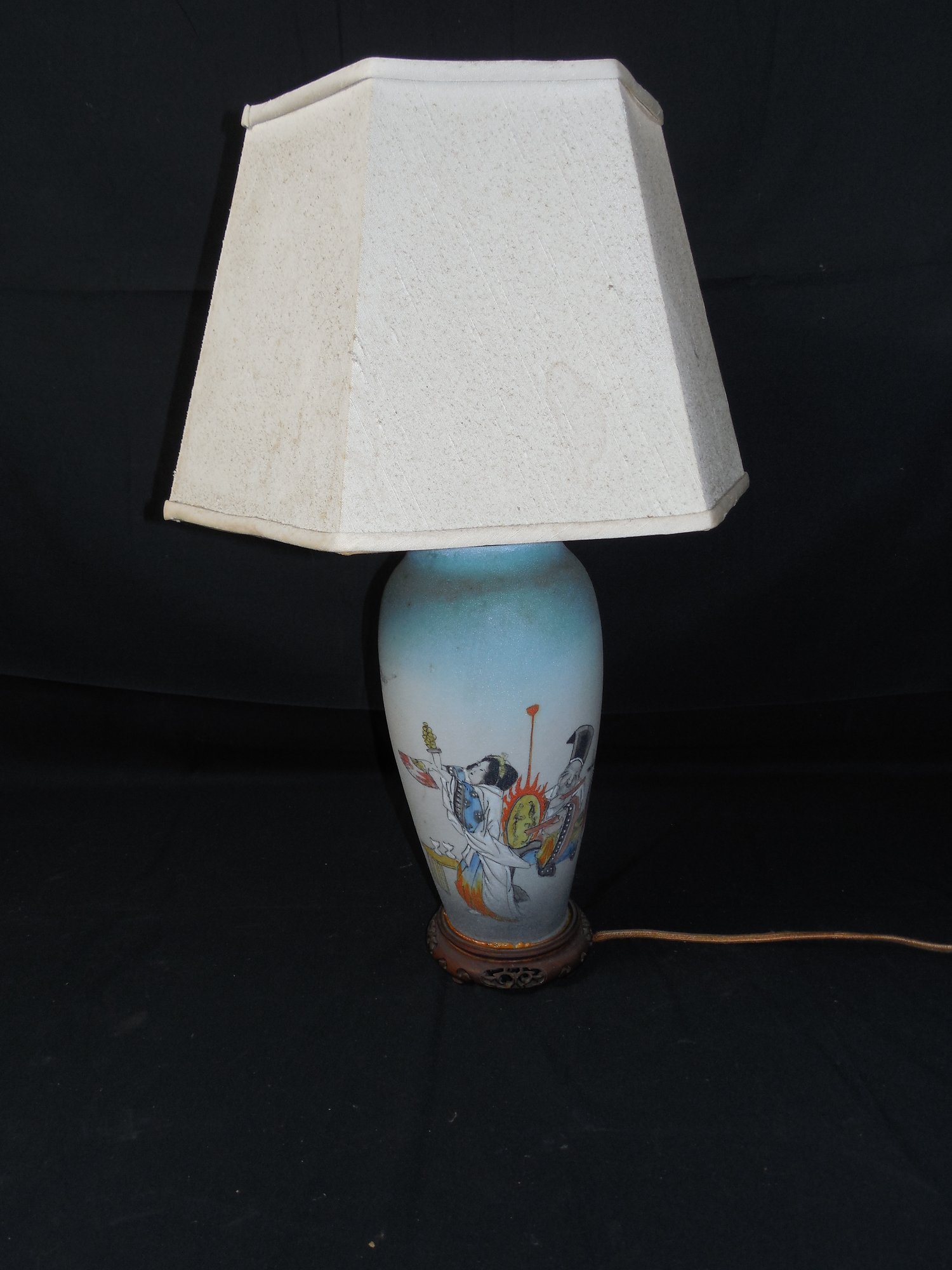 Asian Motif Lamp. Handpainted Design On Either Glass Or Ceramic Base