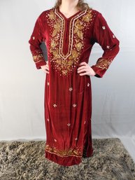 Pussycat  Brand Burgandy Velvet Gold Embroider Dress  Styled In India For London, Paris & New York