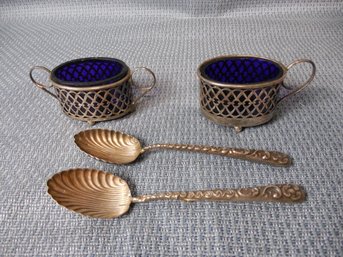 4 Piece Lot - Sterling Silver Open Salts With Cobalt Glass & Sterling Spoons