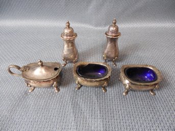 5 Piece Set Of Silver Plate Open Salts With Cobalt Glass & Shakers