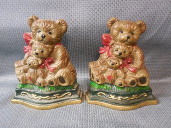 Vintage Painted Cast Iron Door Stops Or Bookends - Teddy Bears