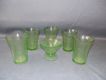 6 Pc Lot Vintage Hazel Atlas Florentine Poppy Green Depression Uranium Glass