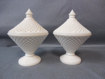 Pair Of Westmoreland Glass English Hobnail Milk Glass Covered Dishes