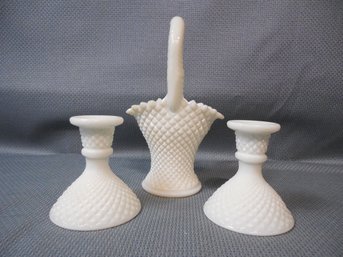 3pc Lot  Possibly Westmoreland Glass English Hobnail Milk Glass  Candle Holders & Basket