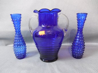 3 Piece Lot Cobalt Blue Glass - Nice Vase With Applied Handles