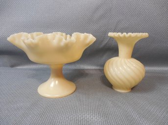 2 Piece Lot Of Fenton Glass - Custard Color Vase & Footed Compote