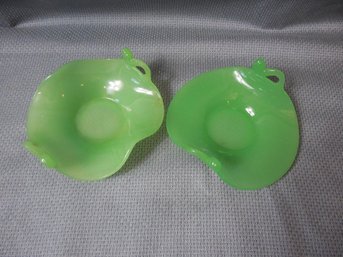 2 Similar Fenton Dolphin Handled Jade / Jadeite Glass Dishes