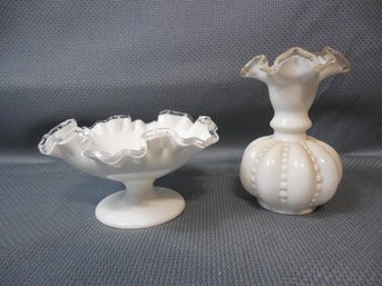 2 Piece Lot Of Fenton Glass - Silver Crest Footed Bowl & Mellon Ribbed Vase