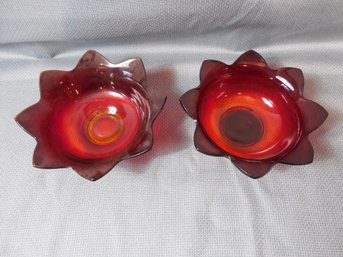 2 Piece Lot Of Fenton Glass - Pair Of Ruby / Amberina Flower Petal Bowls