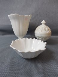 3-piece Milk Glass Lot Including A Vase, A Bowl, And A Covered Jar