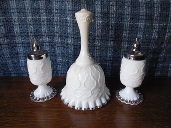 3 Piece Fenton Lot Of Silver Crest Spanish Lace Including Salt And Pepper Shakers And A Bell