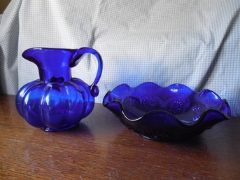 2-Piece Lot Including Cobalt Pattern Glass Bowl And Handblown Pitcher