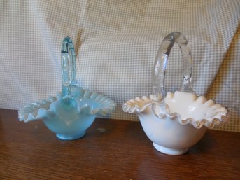 2-Piece Lot Of Fenton Handled Baskets, One Is Silver Crest, One Is Aqua