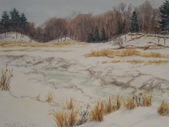 Original Watercolor By M. Whiting Dated 1985 Of Winter Scene