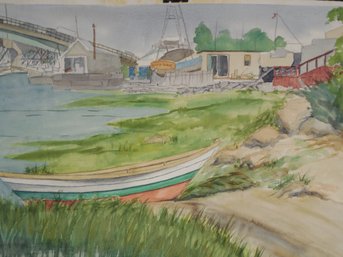 Unsigned Watercolor Of Bridge From Newburyport, MA To Salisbury, MA