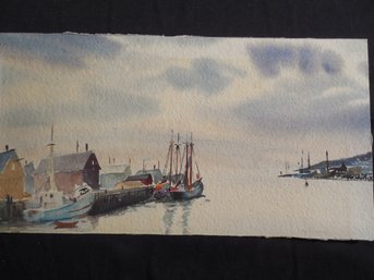 Mid 20th Century Original Watercolor Of Harbor Scene. Signed G. Woodman.