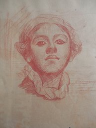19th Century Conte Crayon Drawing Of A Woman