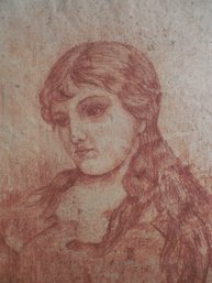 19th Century Conte Crayon Drawing Of A Woman