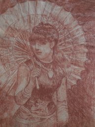19th Century Conte Crayon Drawing Of Woman Holding Parasol