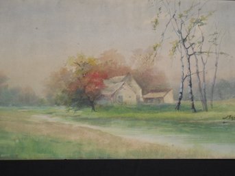 19th Century Original Watercolor Of A Pastoral Landscape Illegibly Signed