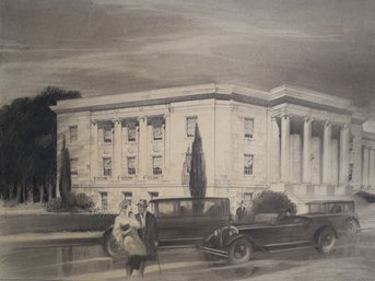 Early 20th Century Large Original Pencil / Charcoal Drawing - Architecture, Old Cars & Figures By Witton