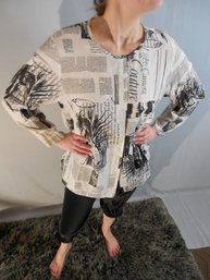 David Dart Collection 100% Cupromonion ?  News Print Fabric - Blouse - Marked Size Med.
