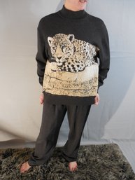 St John  Collection  By Marie Gray 2 Piece Set - Charcoal Gray - Knit Sweater & Pants - Leopard Motif - Size M