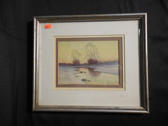 Vintage Luminist Original Watercolor Of Winter Landscape Signed T. Barrnett