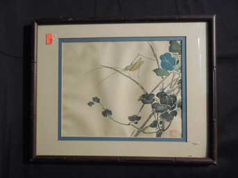 Asian Painting On Silk Of Grasshopper