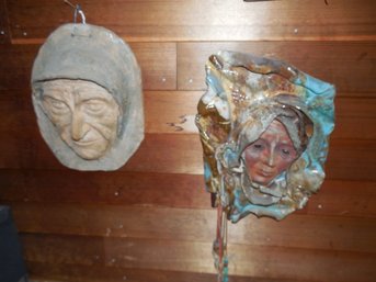 2 Figural Garden Pottery Decorations Of Faces.